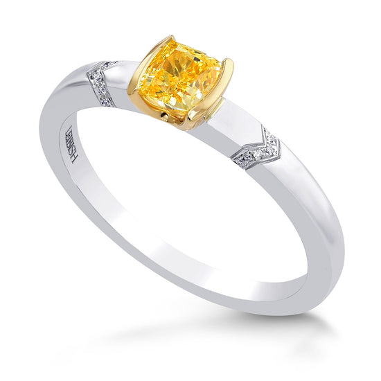 Fancy Vivid Yellow Cushion Half-Bezel Accented Solitaire Diamond Ring 