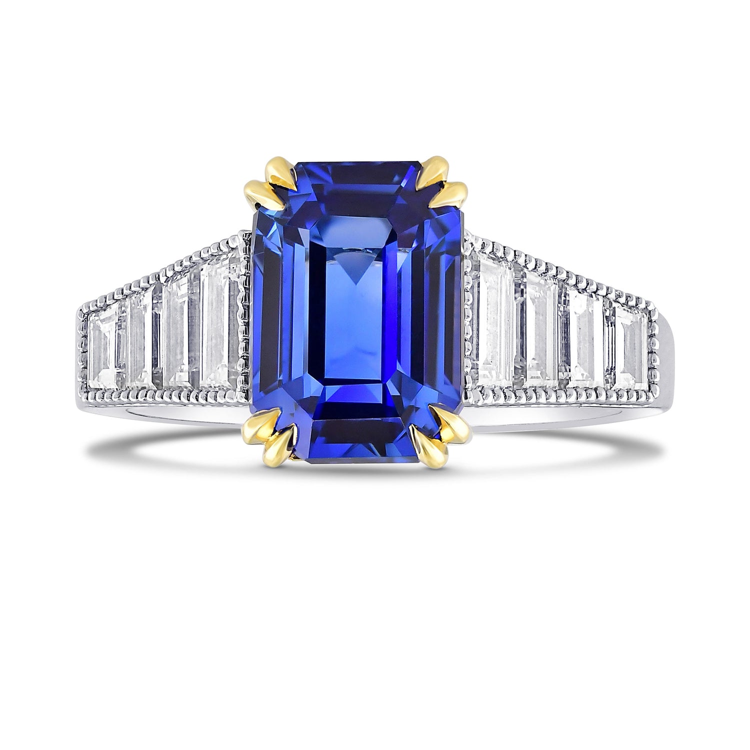 Cornflower Blue Emerald Shape Sapphire & Diamond Ring 