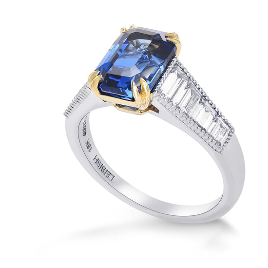 Cornflower Blue Emerald Shape Sapphire & Diamond Ring 