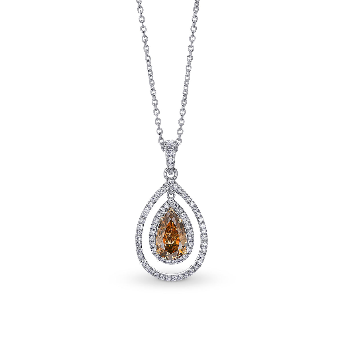 Fancy Deep Brown Orange Pear Diamond Double Halo Pendant 