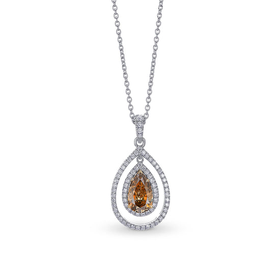 Fancy Deep Brown Orange Pear Diamond Double Halo Pendant 