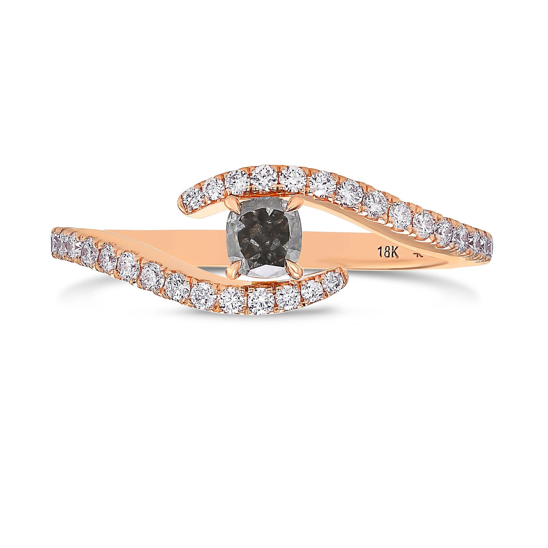 Fancy Dark Gray Cushion Cross-over Side-stone Diamond Ring   