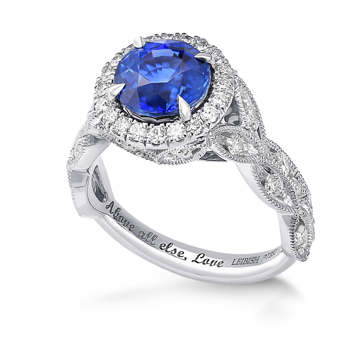 Royal Blue Sri Lankan Round Sapphire and Diamond Halo Ring 