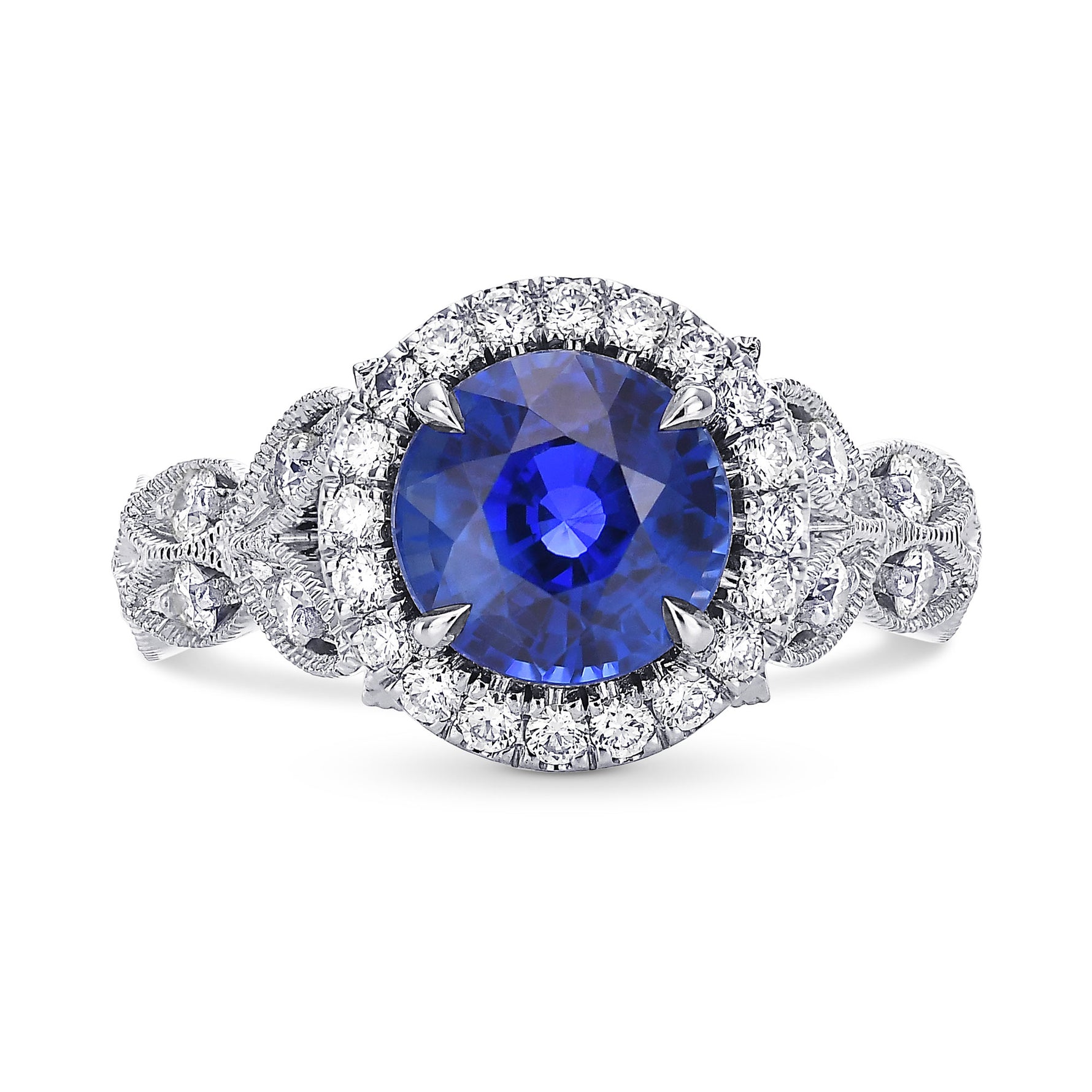 Royal Blue Sri Lankan Round Sapphire and Diamond Halo Ring 