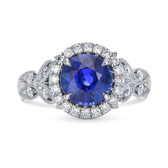 Royal Blue Sri Lankan Round Sapphire and Diamond Halo Ring 