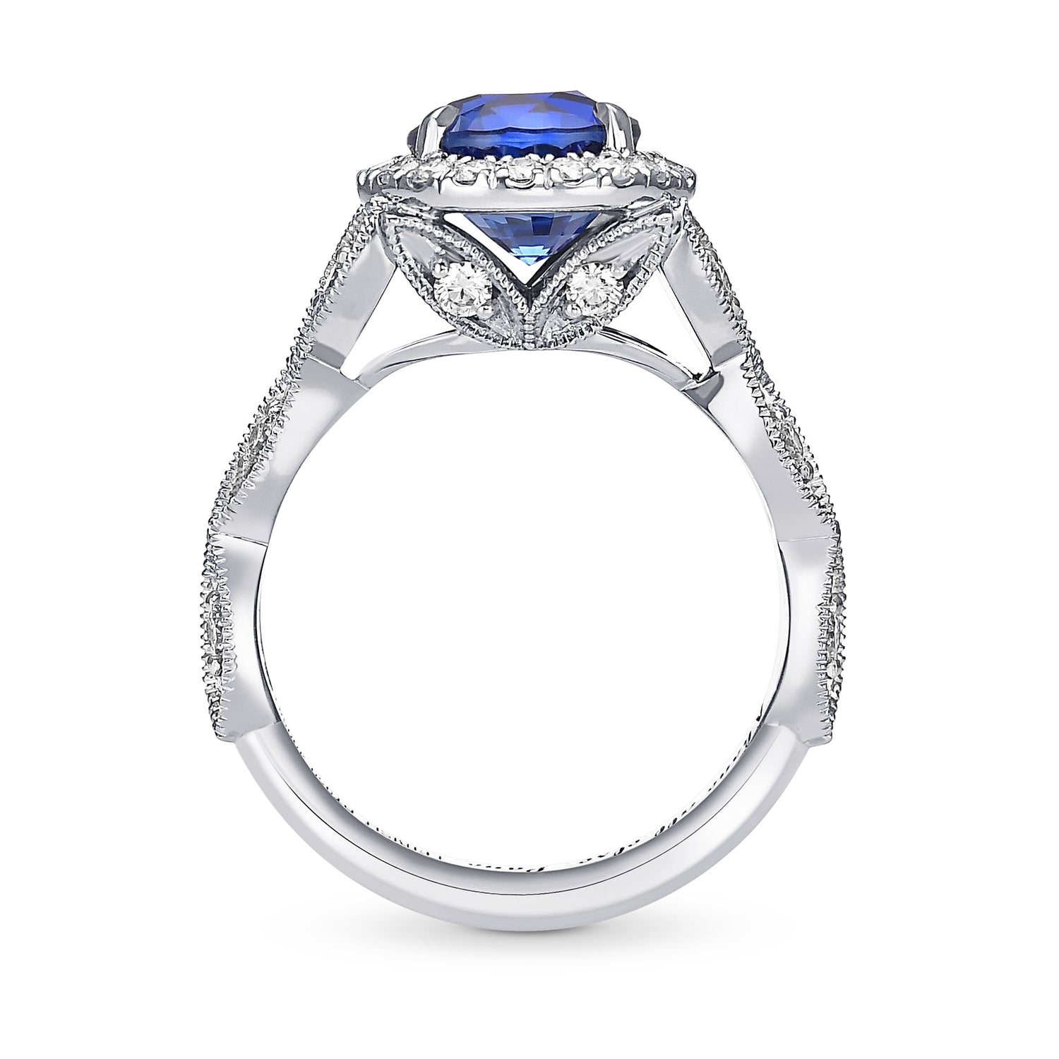 Royal Blue Sri Lankan Round Sapphire and Diamond Halo Ring 