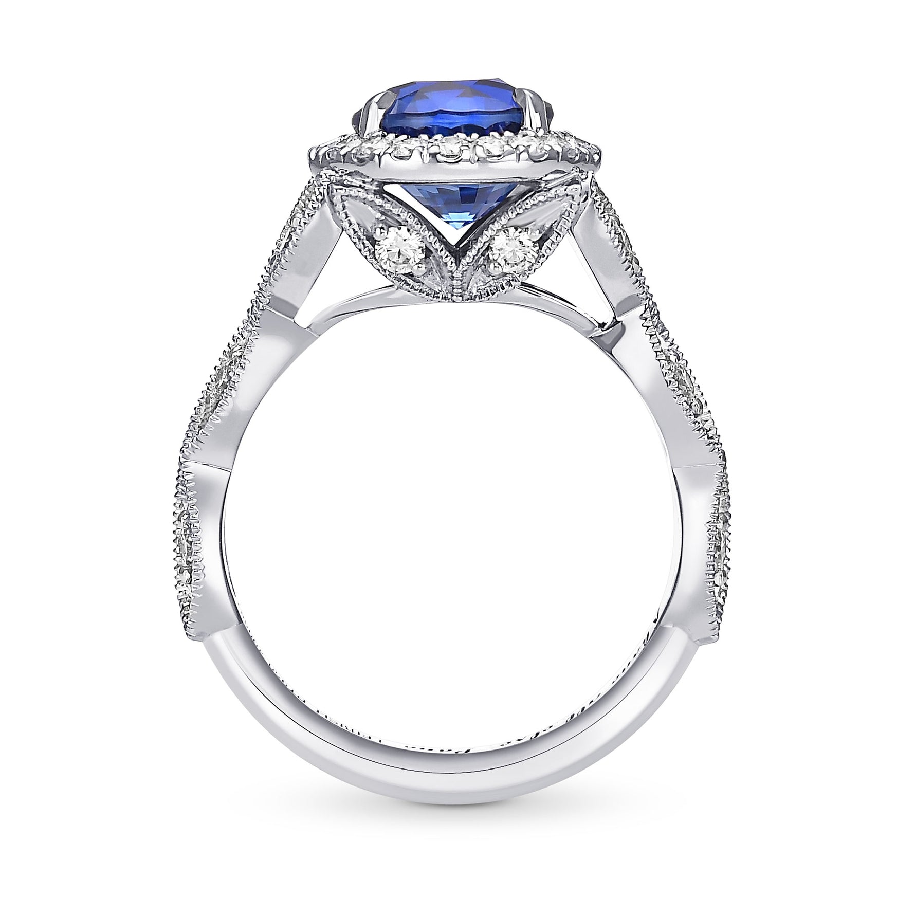 Royal Blue Sri Lankan Round Sapphire and Diamond Halo Ring 