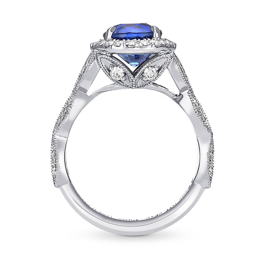 Royal Blue Sri Lankan Round Sapphire and Diamond Halo Ring 
