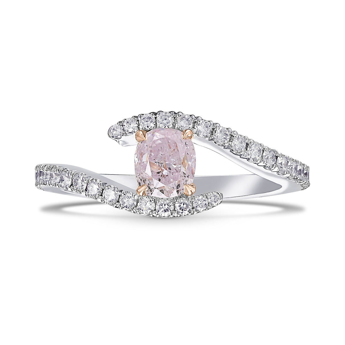 Light Pink Cushion Diamond Cross-over Side-stone Ring