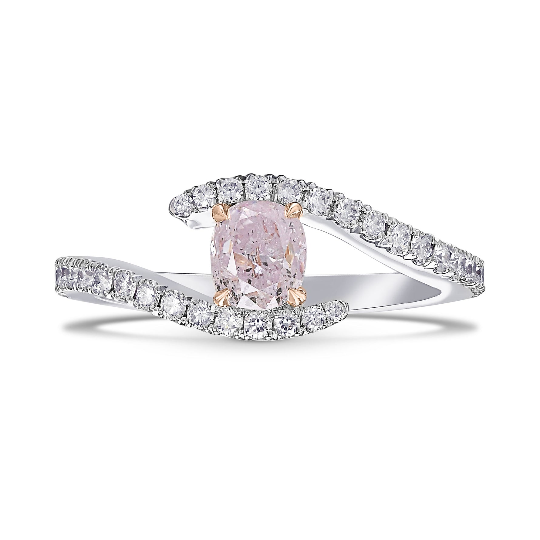 Light Pink Cushion Diamond Cross-over Side-stone Ring