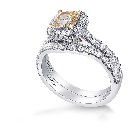 Fancy Light Yellow Brown Cushion Diamond Halo Ring Wedding Set