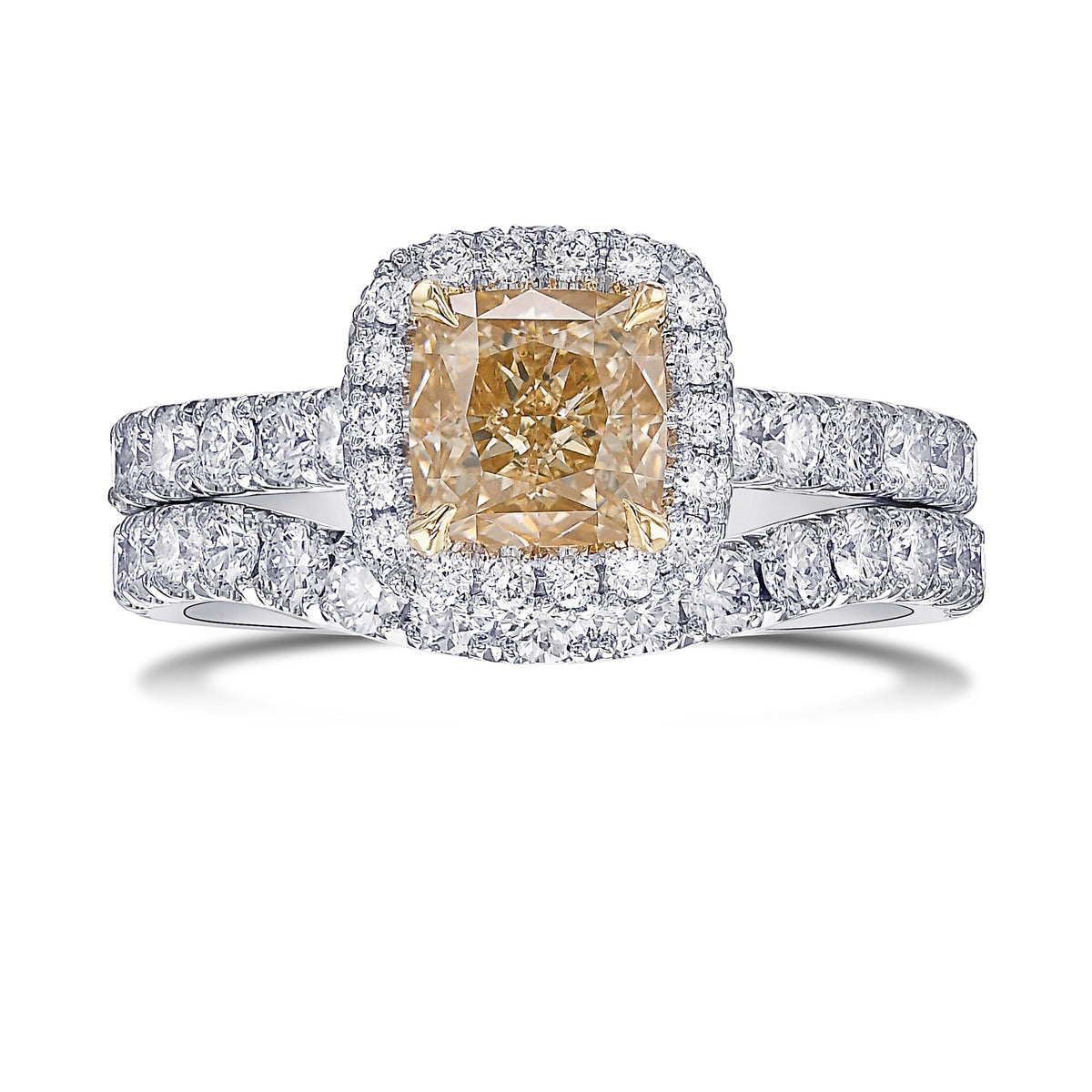 Fancy Light Yellow Brown Cushion Diamond Halo Ring Wedding Set
