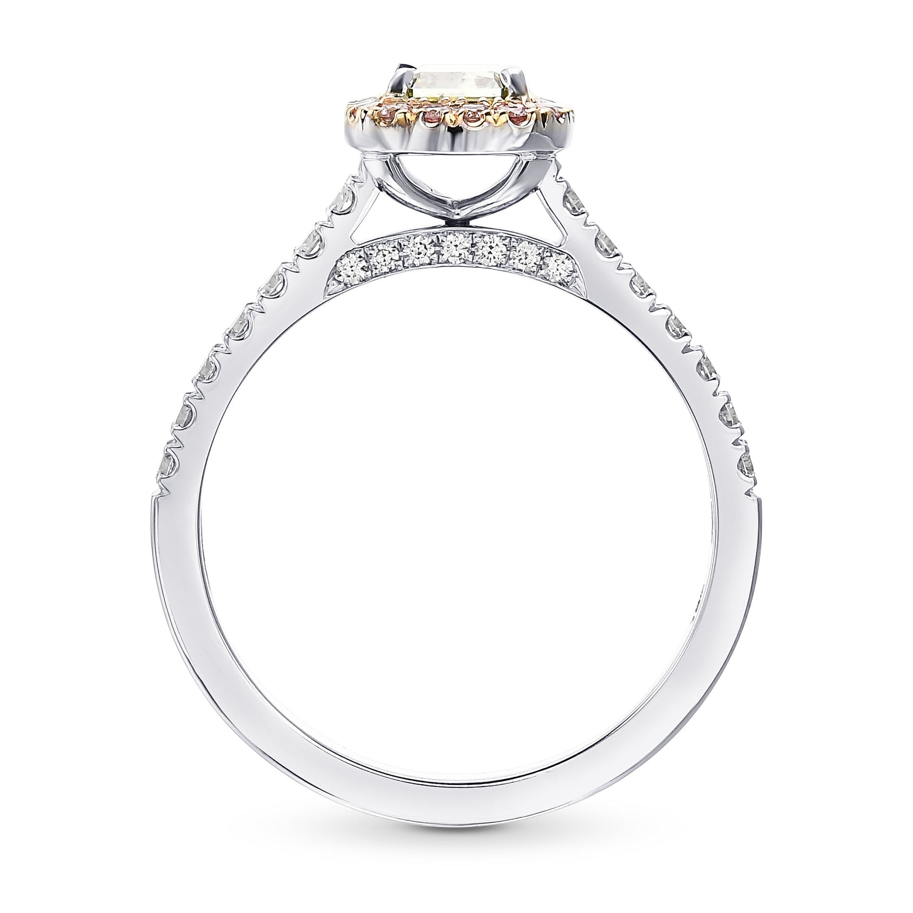 Chameleon Radiant and Fancy Pink Diamond Halo Ring 