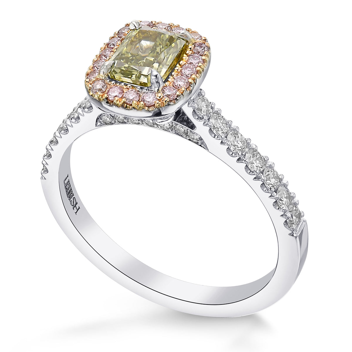 Chameleon Radiant and Fancy Pink Diamond Halo Ring 