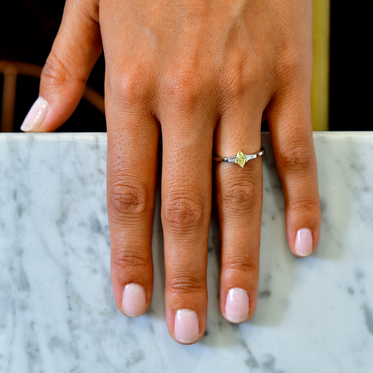 Fancy Intense Yellow Marquise and Taper Diamond Accent Ring