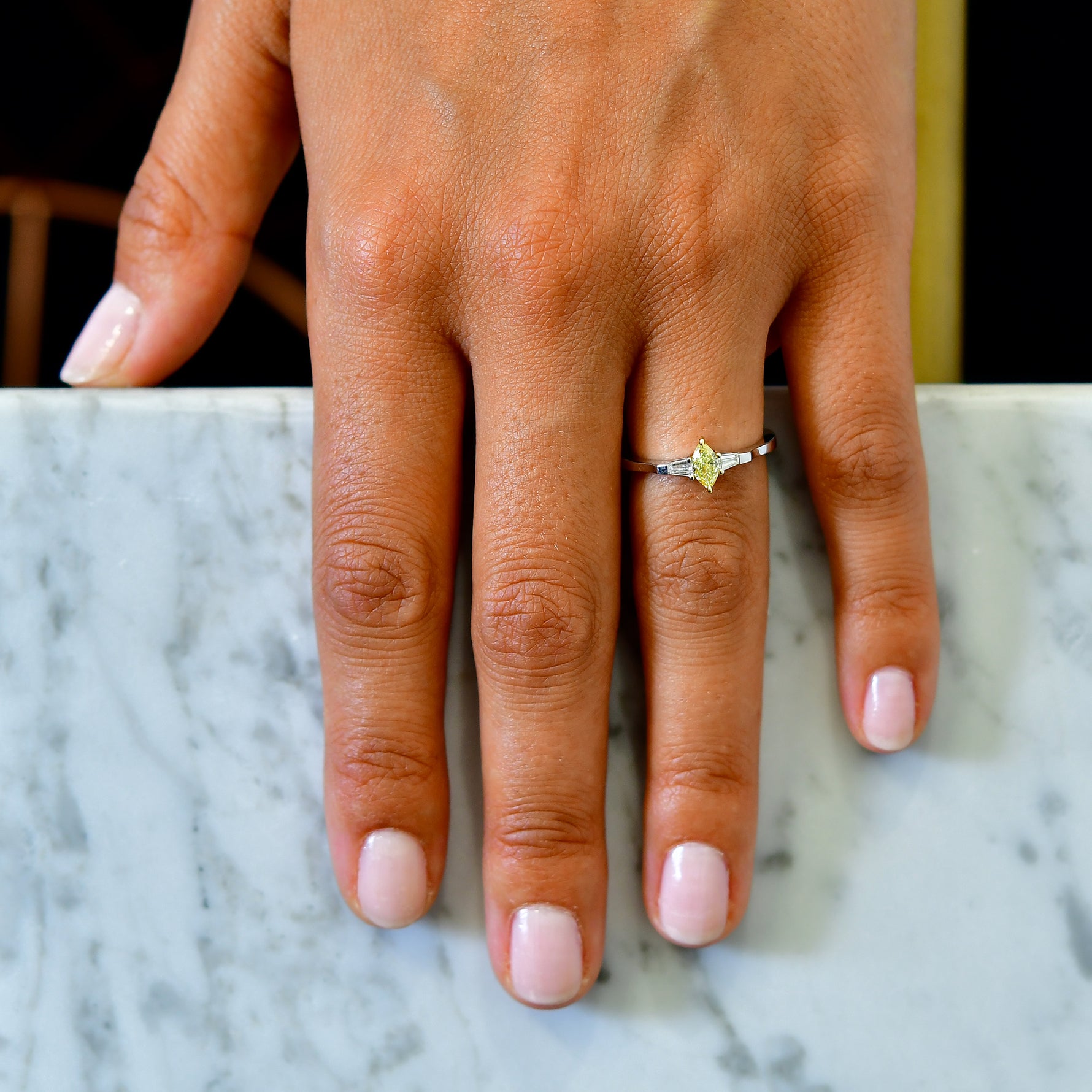 Fancy Intense Yellow Marquise and Taper Diamond Accent Ring