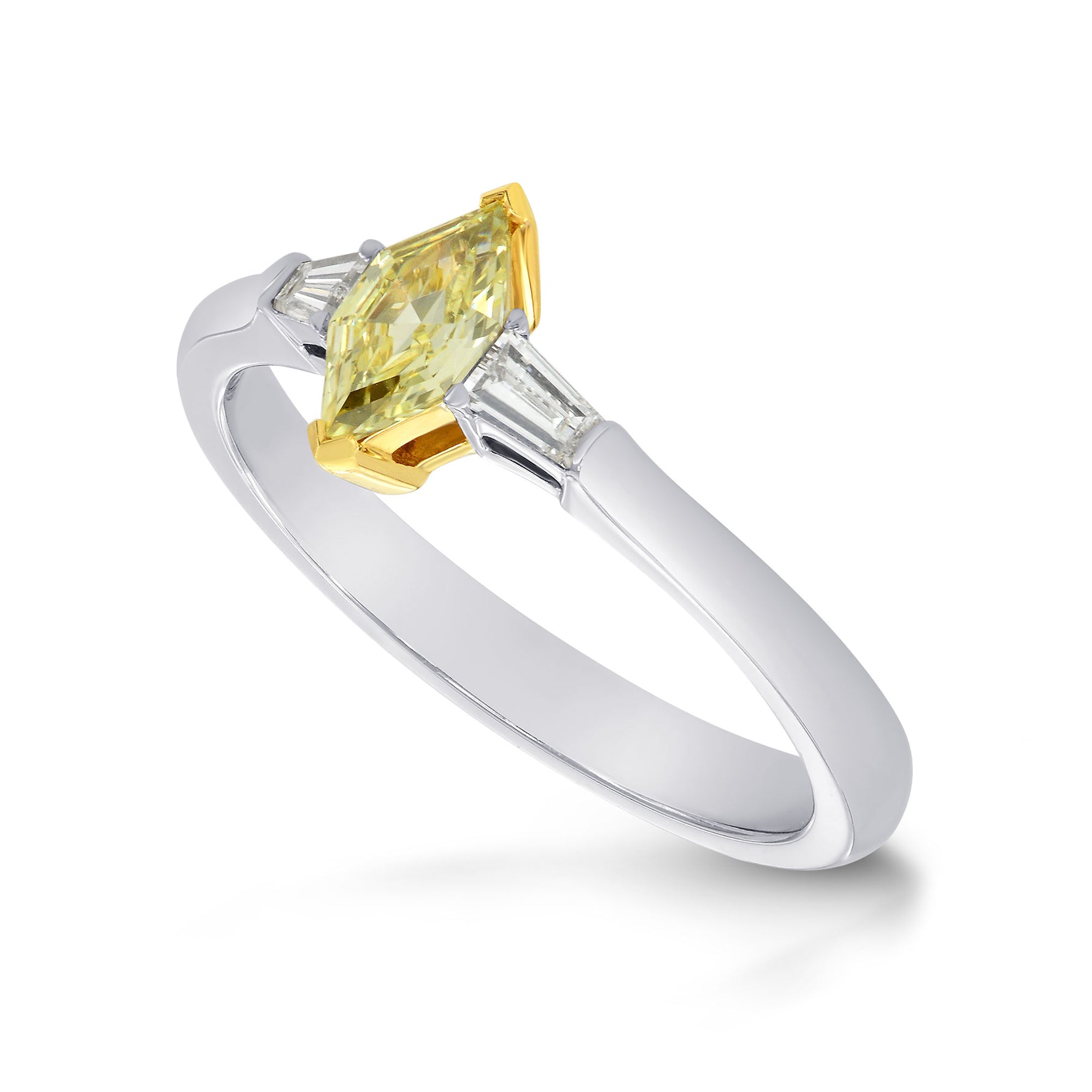 Fancy Yellow Marquise and Taper Diamond Ring set in 18K gold