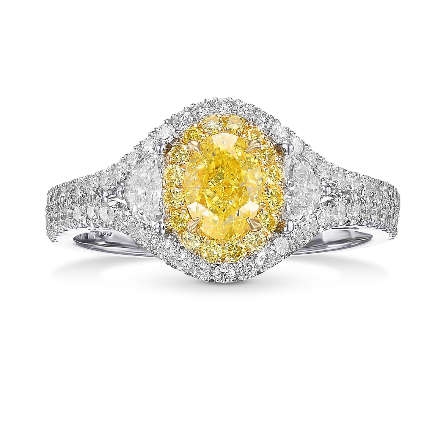 Double Halo Ring Setting with Yellow & Half-moon Diamonds