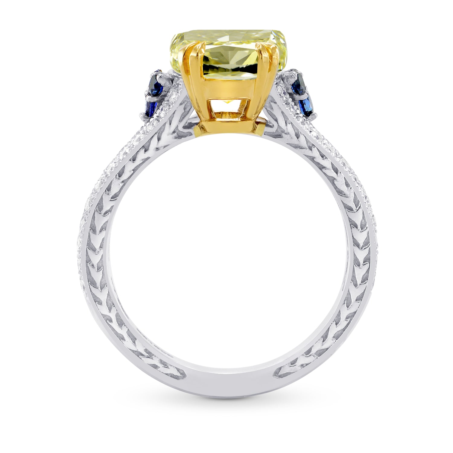 Carved Vintage Style Diamond Ring Setting with Sapphire Accents - 2
