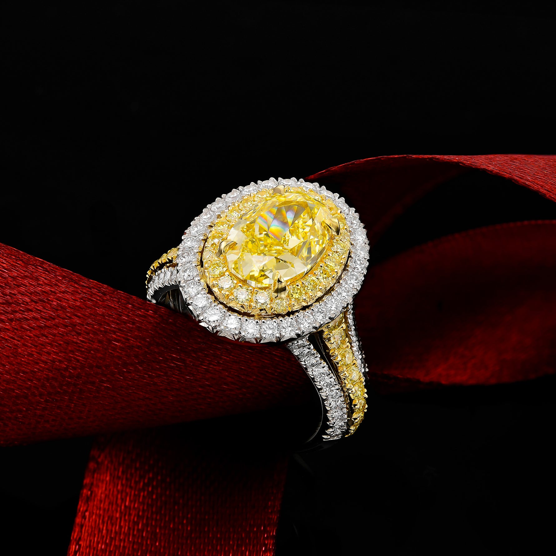 Yellow Diamond Double Halo Triple Shank Ring Setting - 4