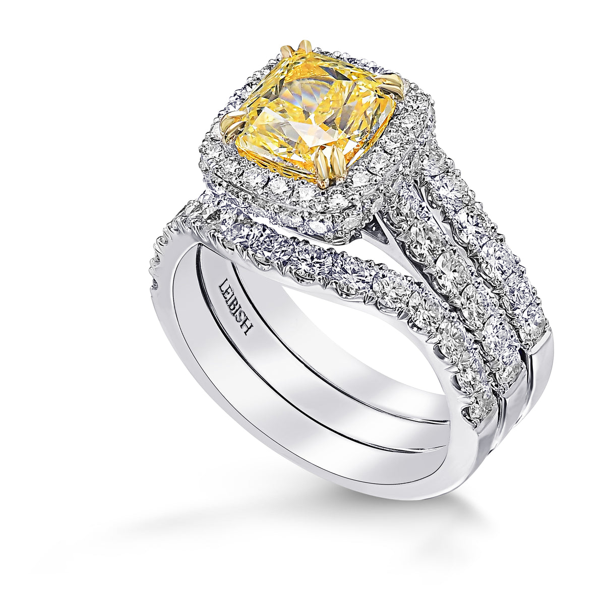 Fancy Yellow Cushion Diamond Halo Wedding Ring Set, with Two Matching Wedding Bands