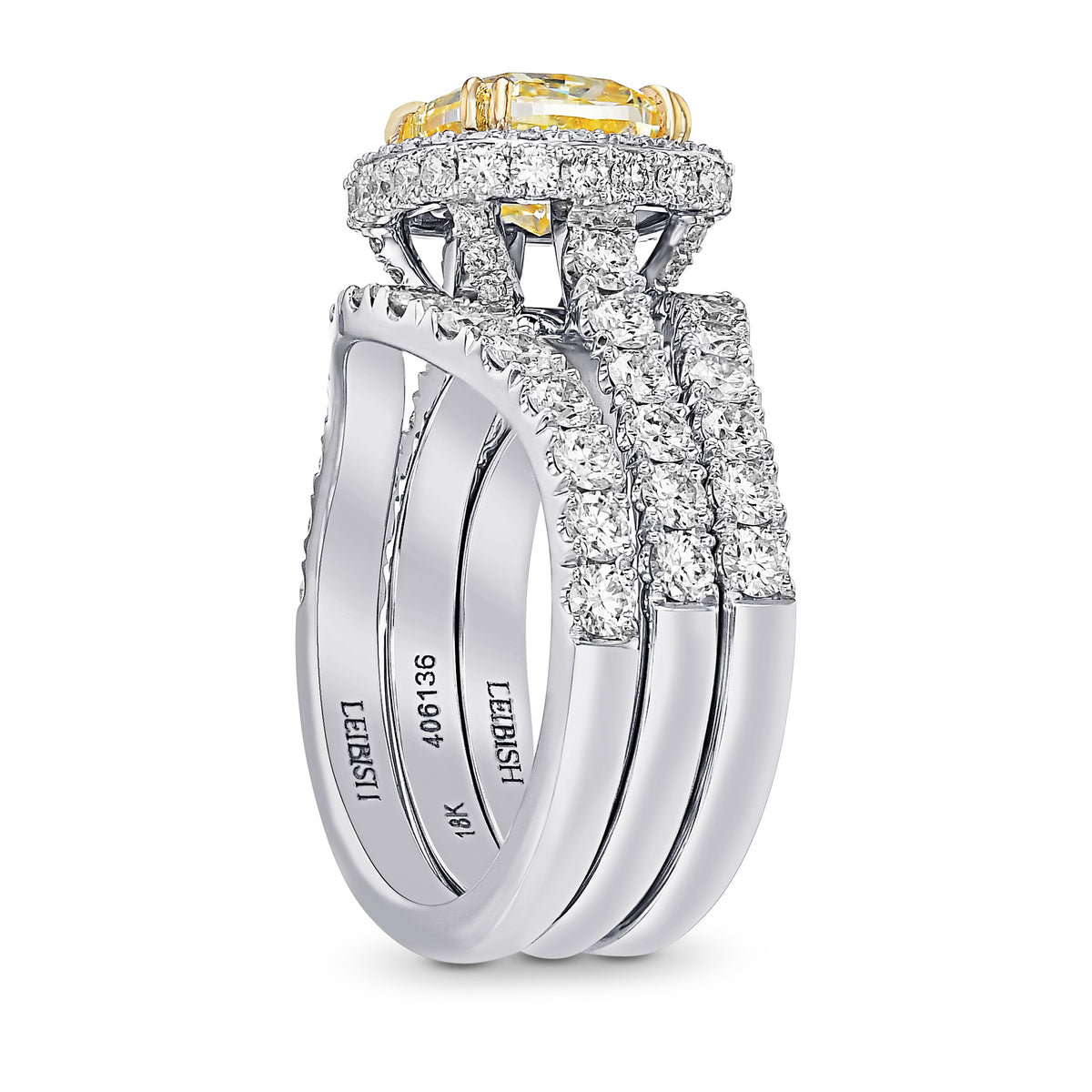 Fancy Yellow Cushion Diamond Halo Wedding Ring Set, with Two Matching Wedding Bands