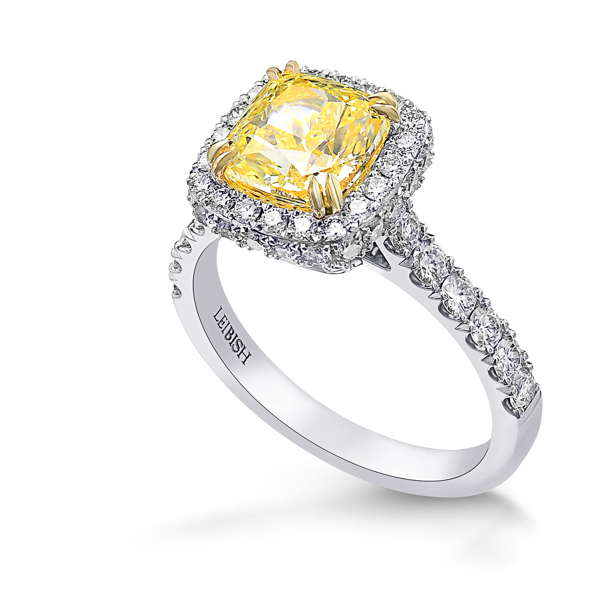 Fancy Yellow Cushion Diamond Halo Wedding Ring Set, with Two Matching Wedding Bands