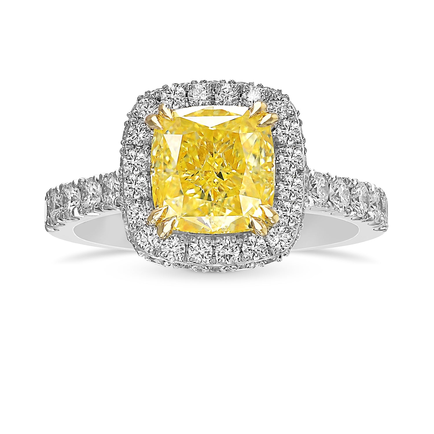 Fancy Yellow Cushion Diamond Halo Wedding Ring Set, with Two Matching Wedding Bands