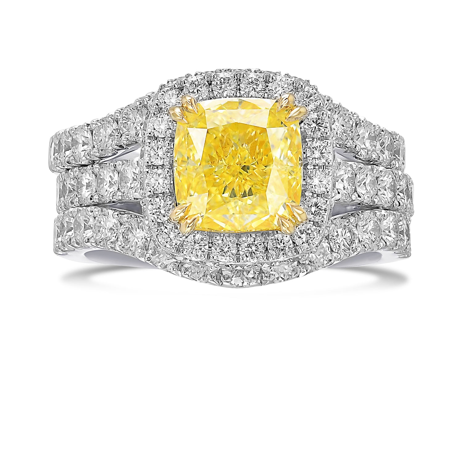 Fancy Yellow Cushion Diamond Halo Wedding Ring Set, with Two Matching Wedding Bands
