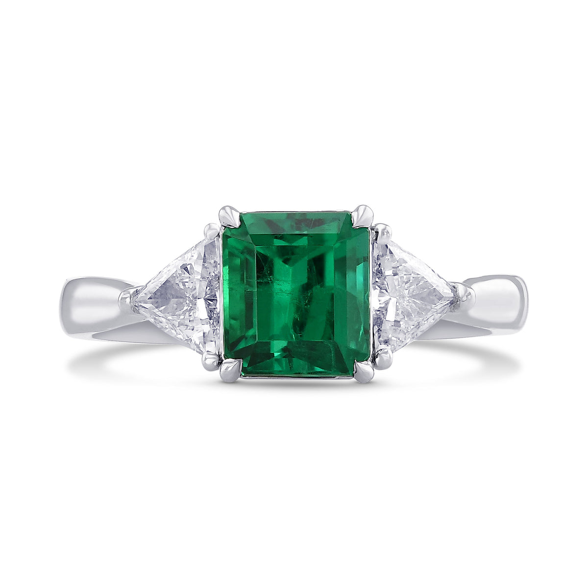 Green Colombian Emerald & Triangle 3 Stone Diamond Ring