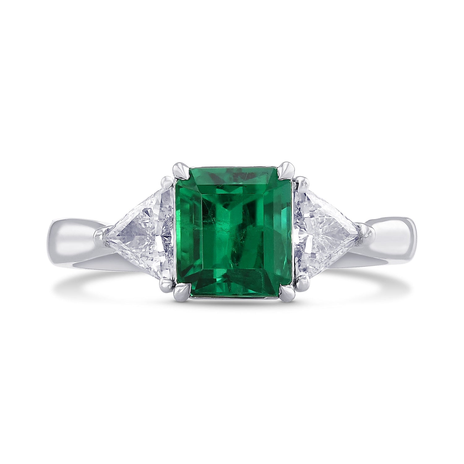 Green Colombian Emerald & Triangle 3 Stone Diamond Ring