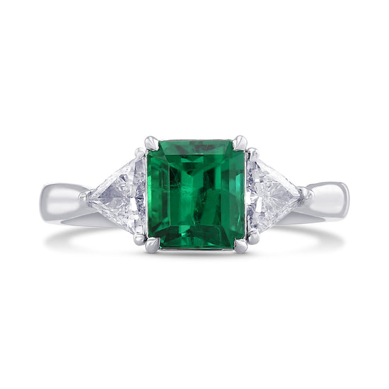 Green Colombian Emerald & Triangle 3 Stone Diamond Ring