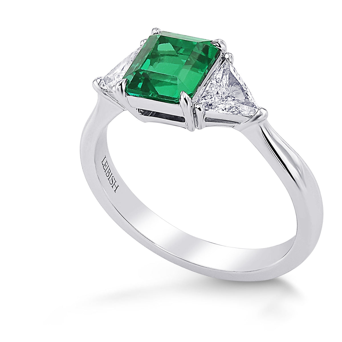 Green Colombian Emerald & Triangle 3 Stone Diamond Ring