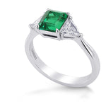 Green Colombian Emerald & Triangle 3 Stone Diamond Ring