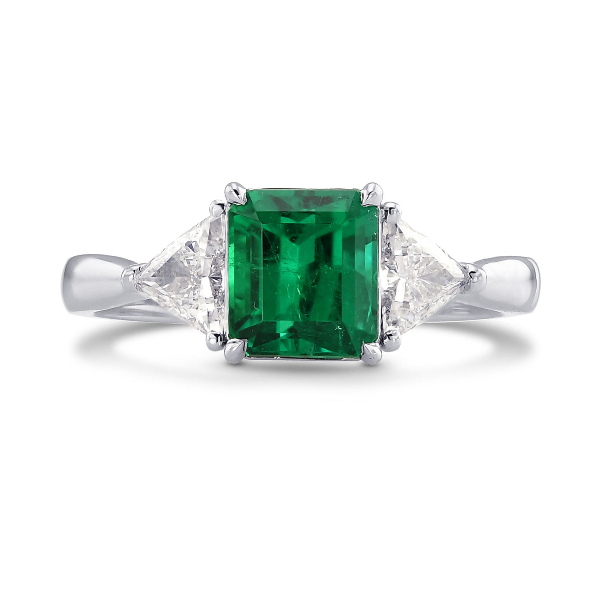 Green Colombian Emerald & Triangle 3 Stone Diamond Ring