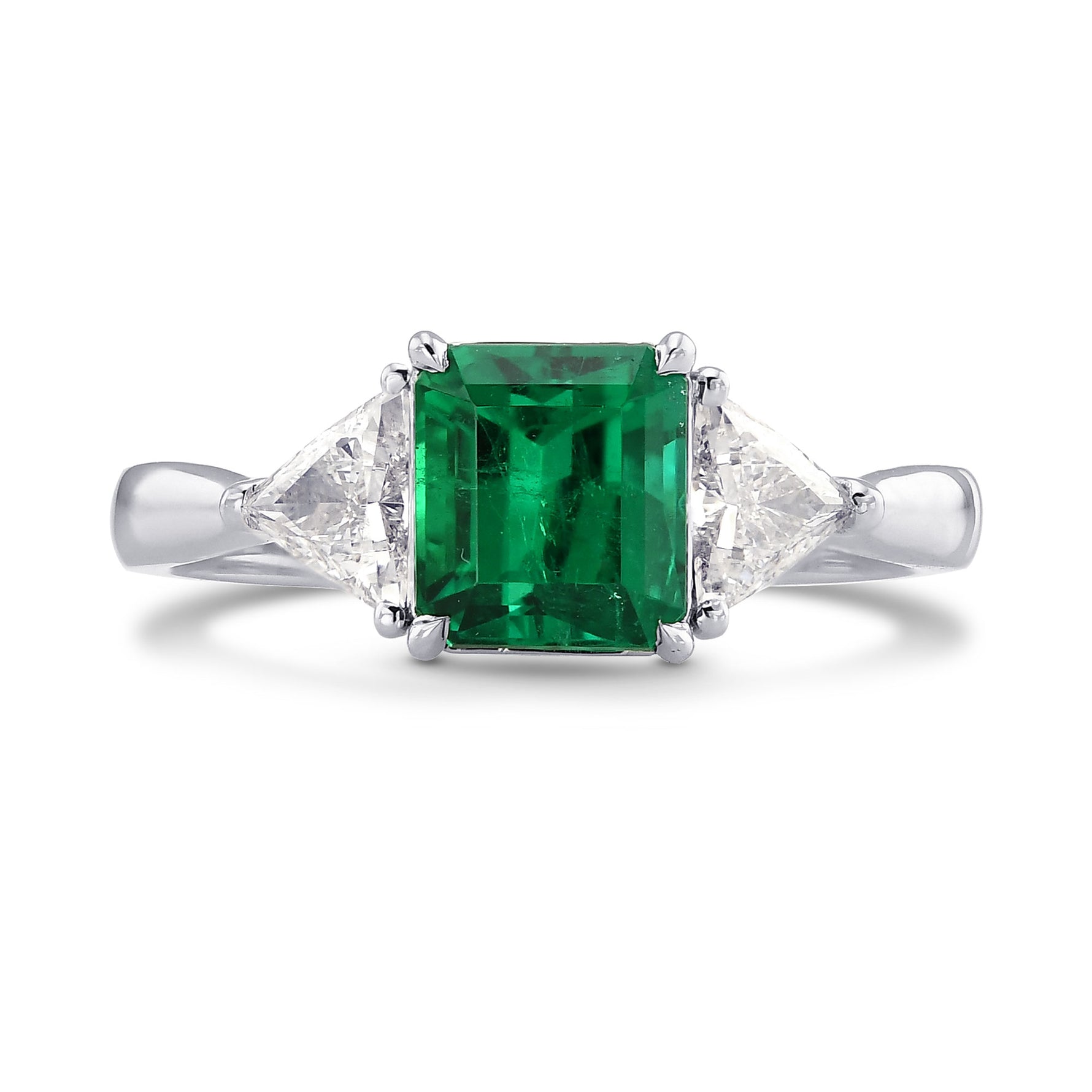 Green Colombian Emerald & Triangle 3 Stone Diamond Ring