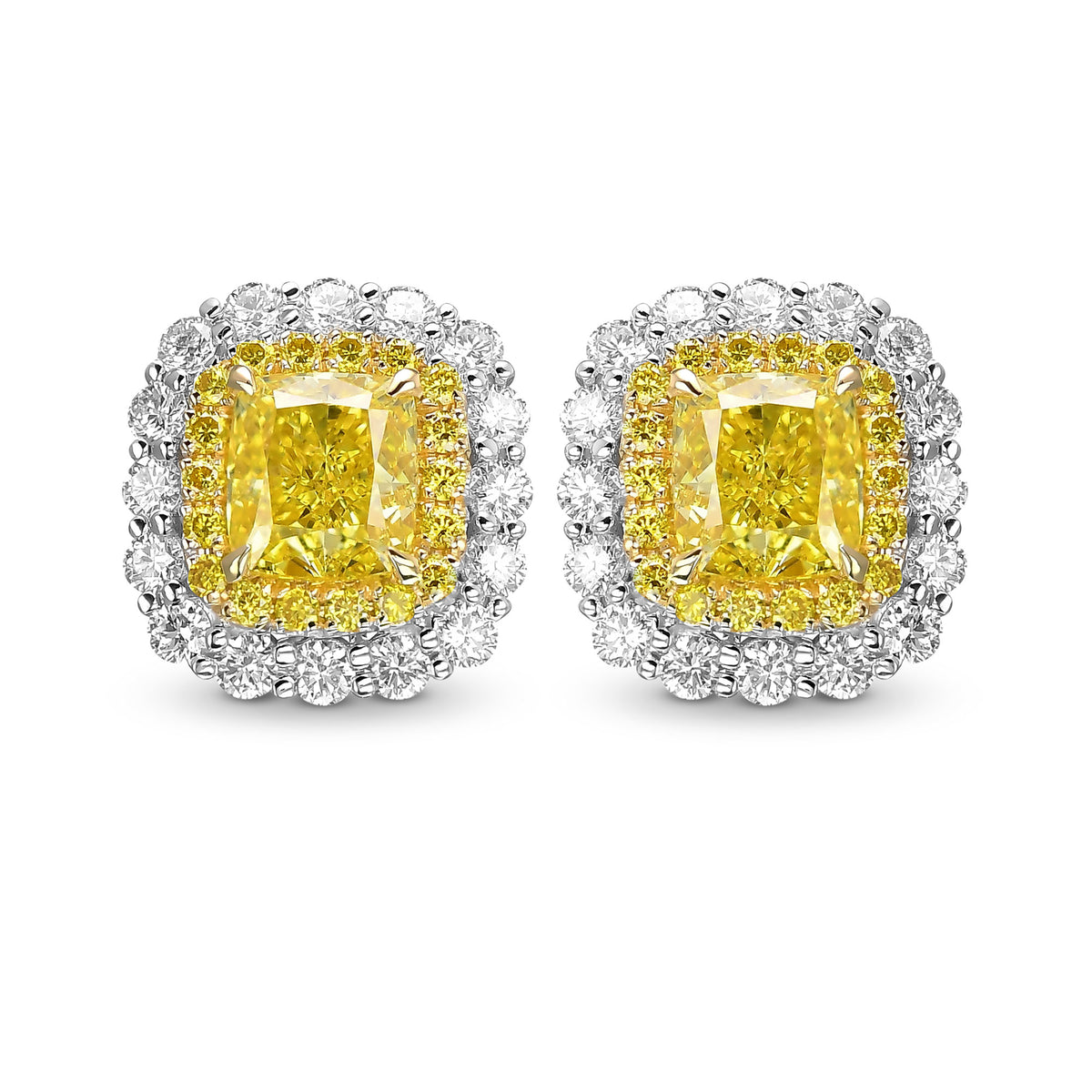 Fancy Vivid Yellow Cushion Diamond Double Halo Earrings