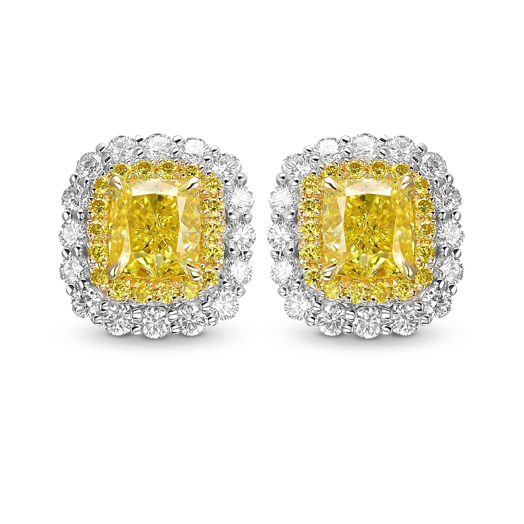 Fancy Vivid Yellow Cushion Diamond Double Halo Earrings