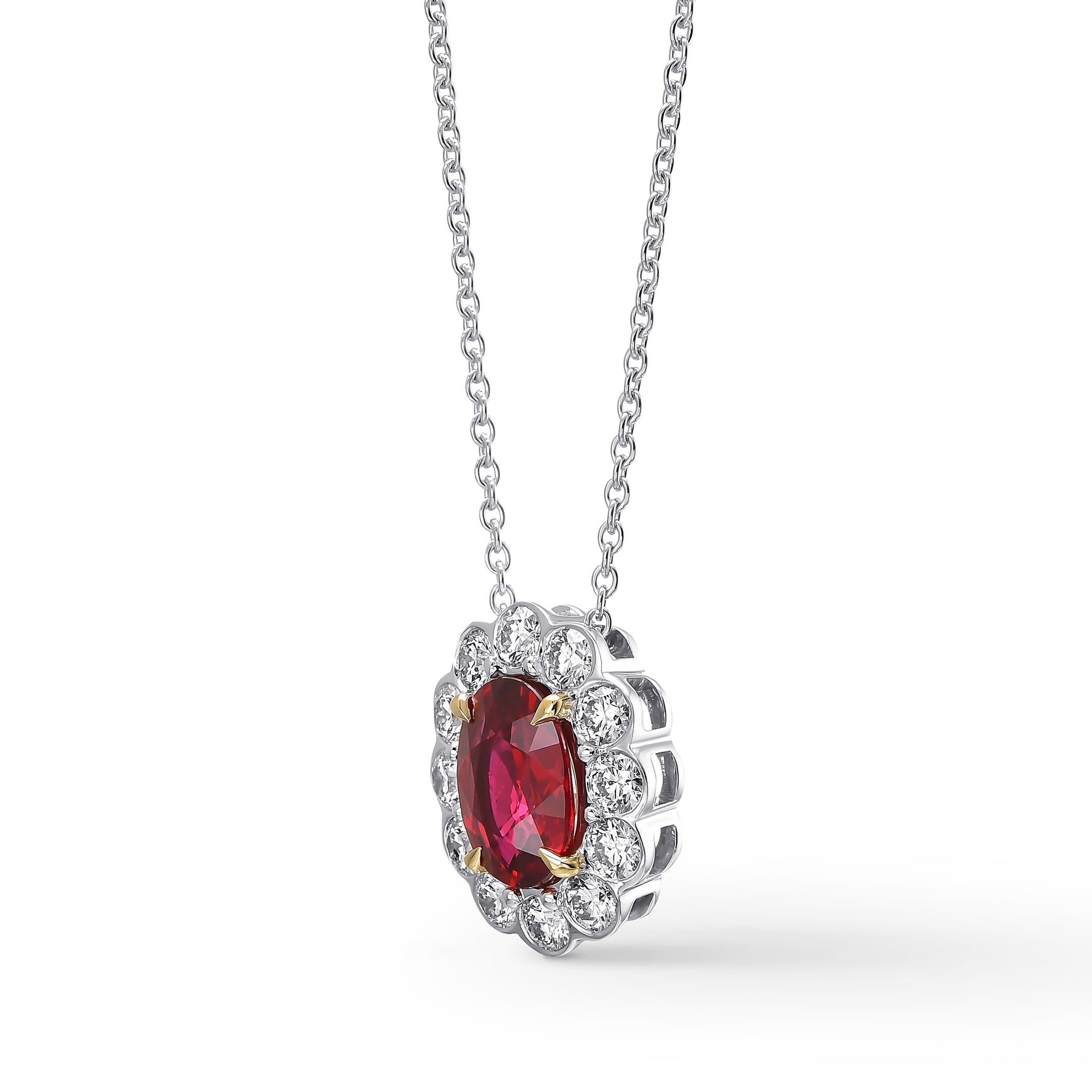 Scalloped Ruby & Round Brilliant Diamond Halo Pendant