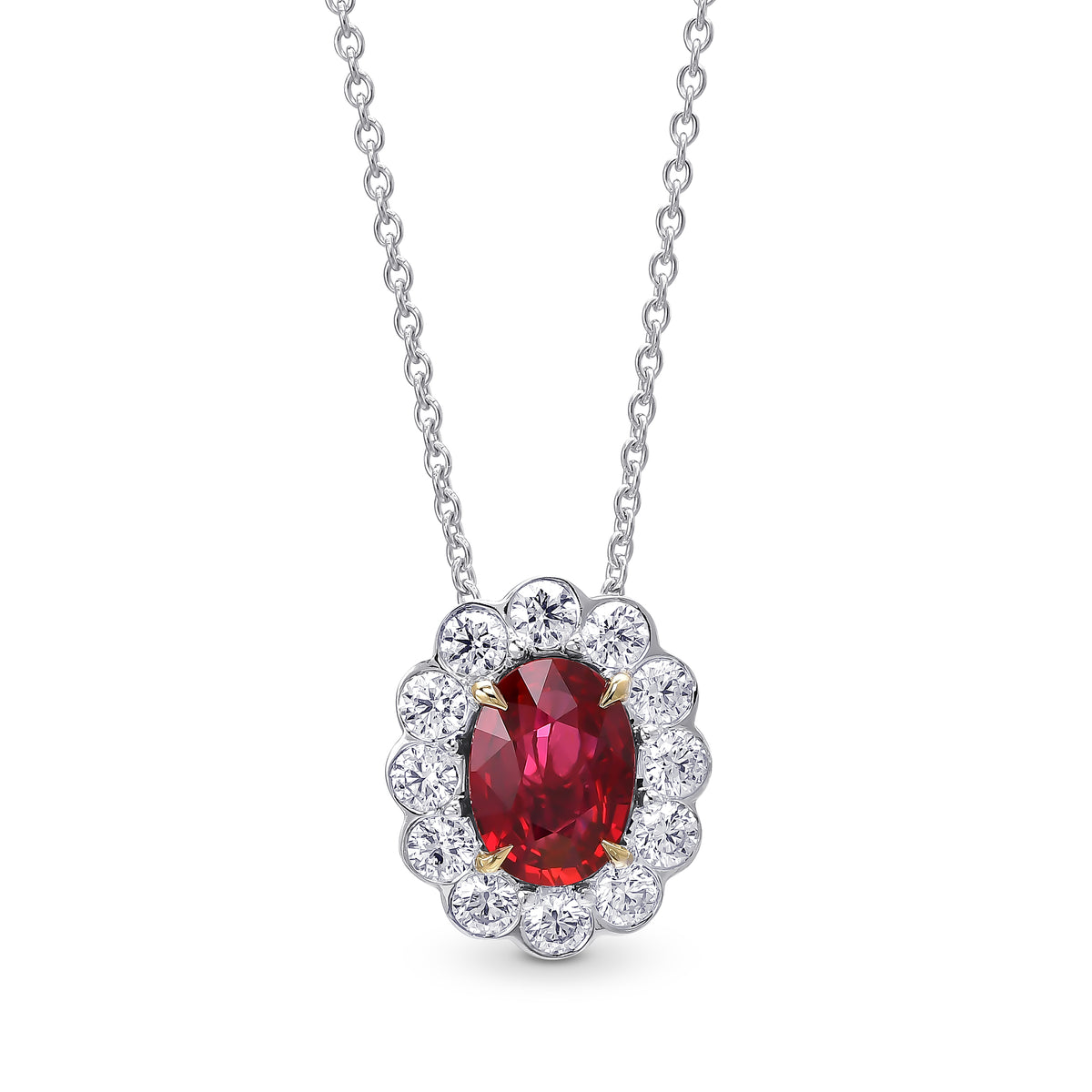 Scalloped Ruby & Round Brilliant Diamond Halo Pendant
