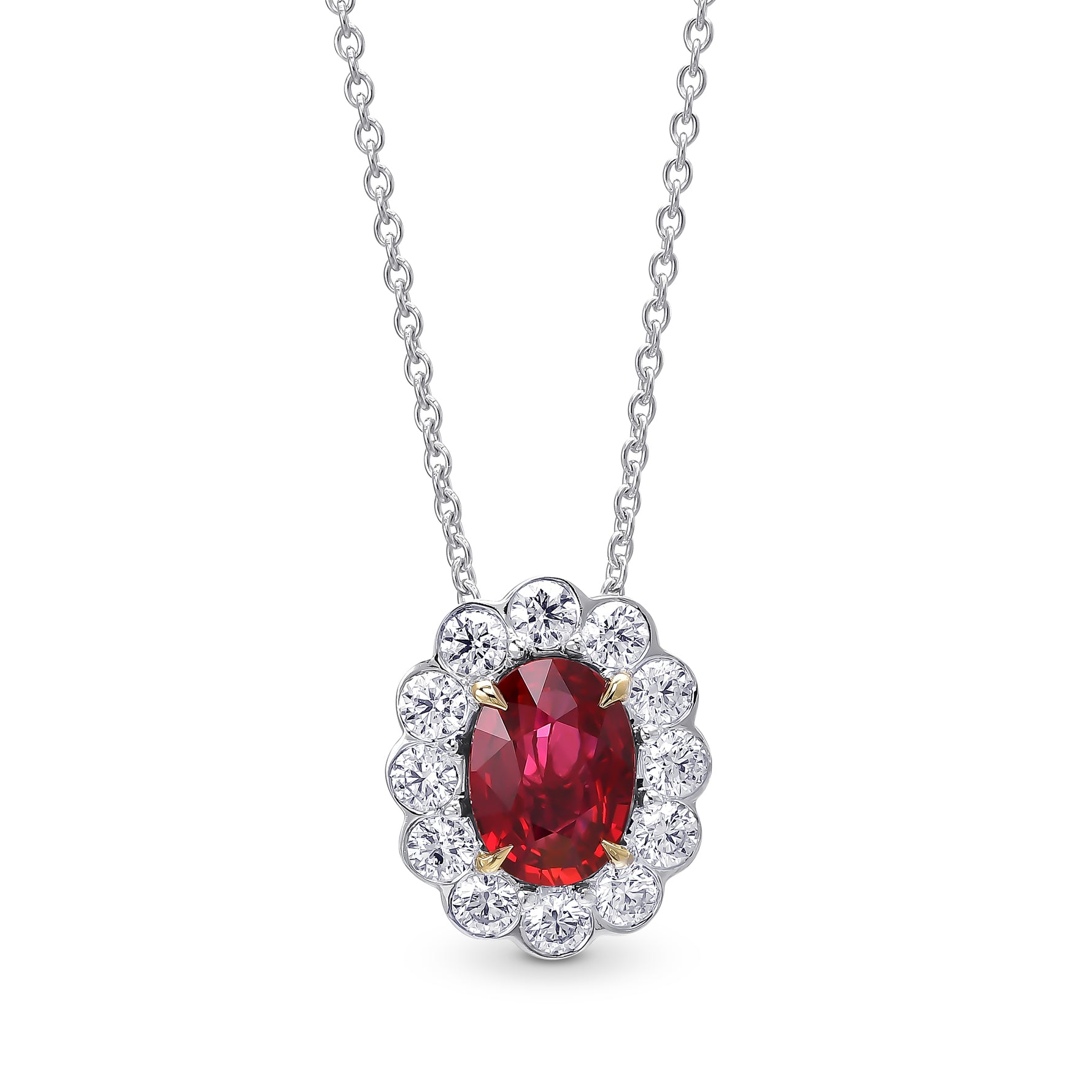 Scalloped Ruby & Round Brilliant Diamond Halo Pendant
