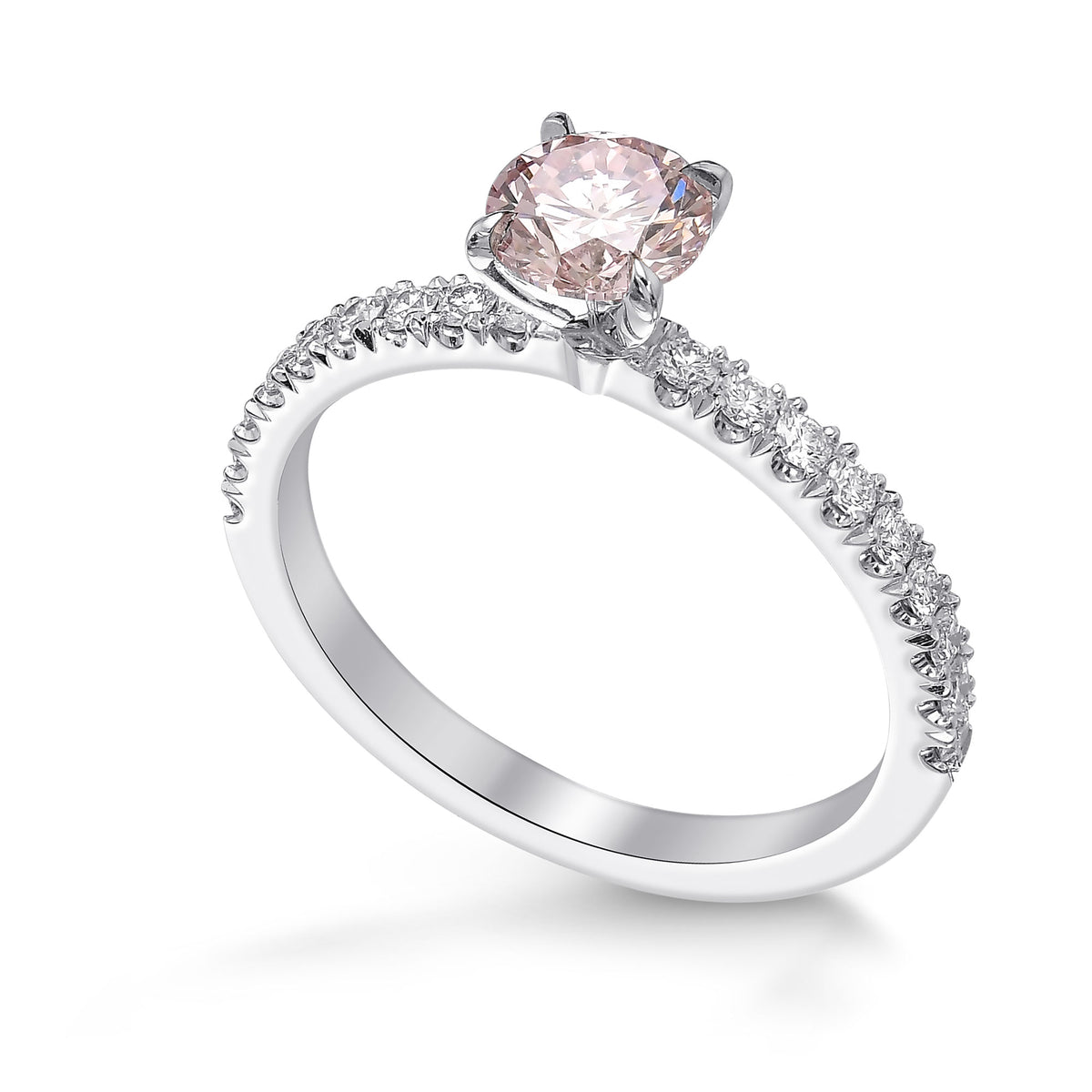Fancy Orangy Pink Round Side Stone Diamond Ring