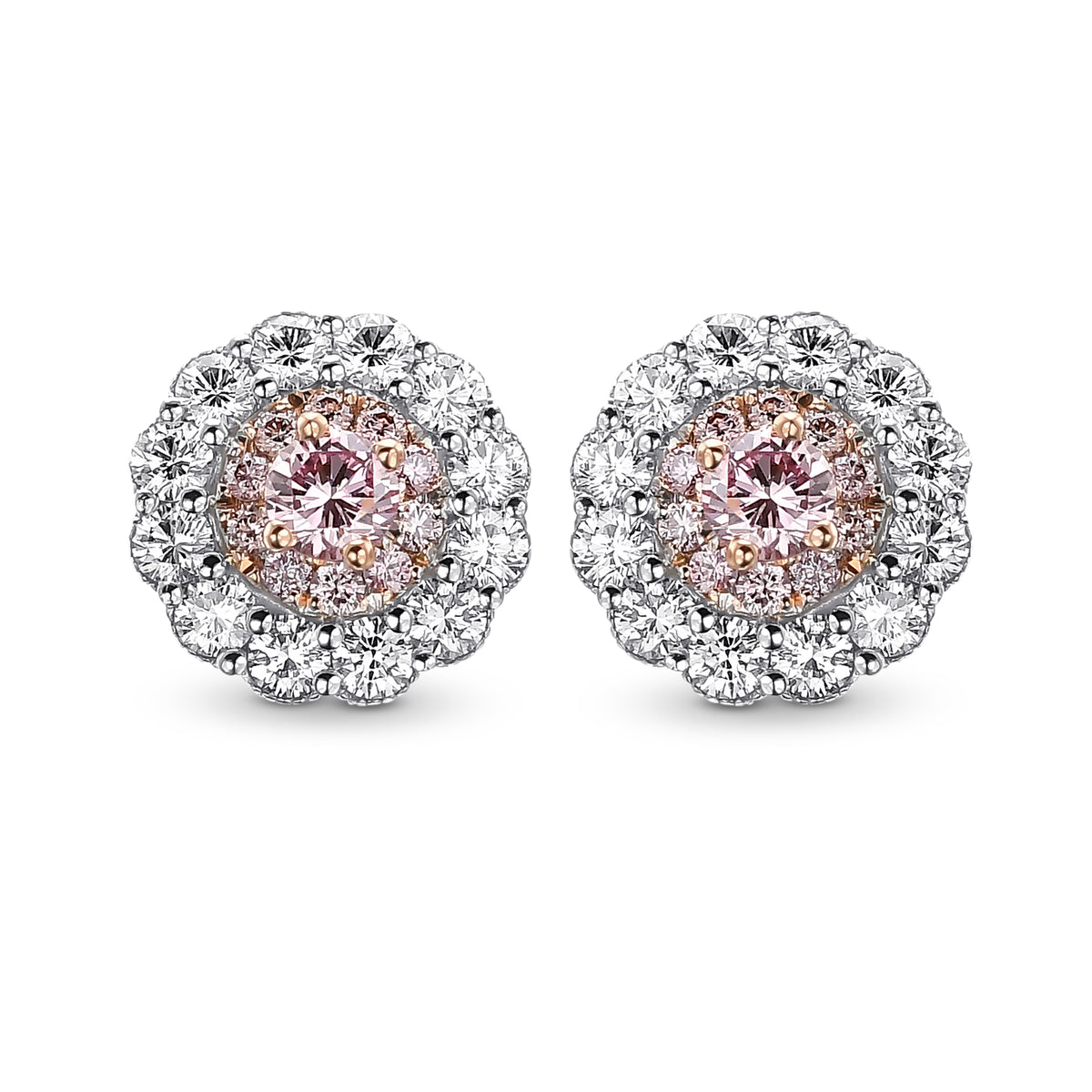 Fancy Intense Pink and White Diamond Flower Stud Earrings 