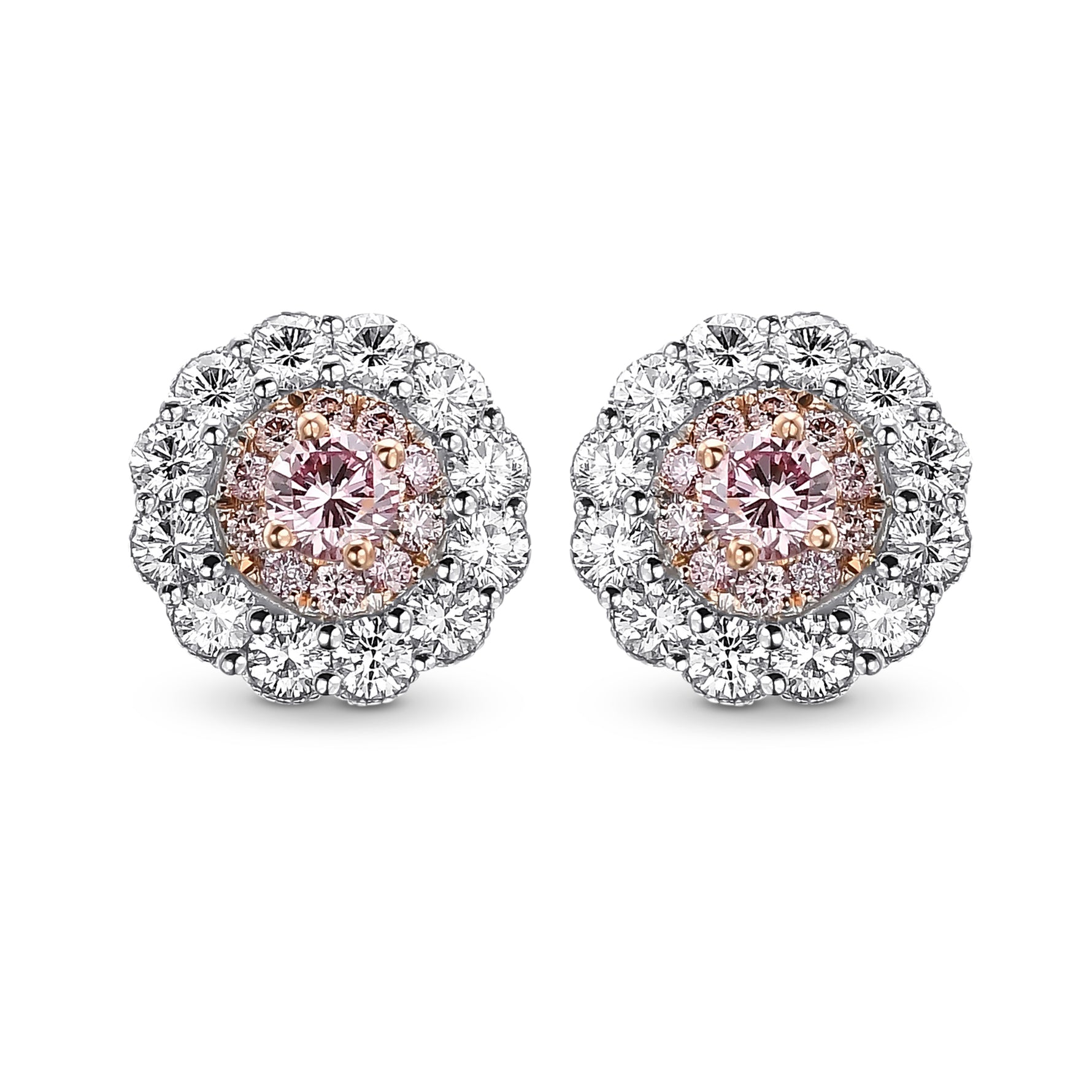 Fancy Intense Pink and White Diamond Flower Stud Earrings 