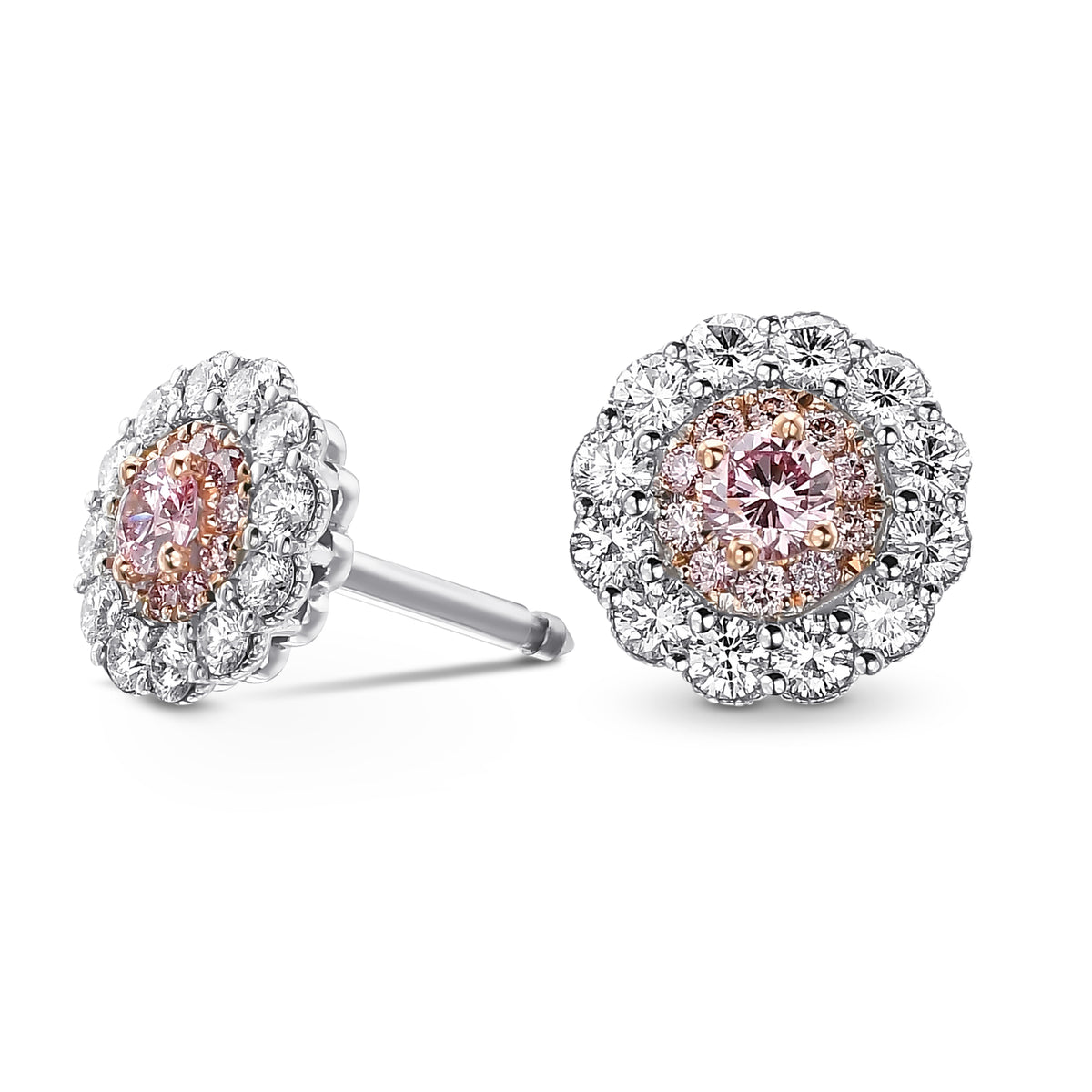 Fancy Intense Pink and White Diamond Flower Stud Earrings 