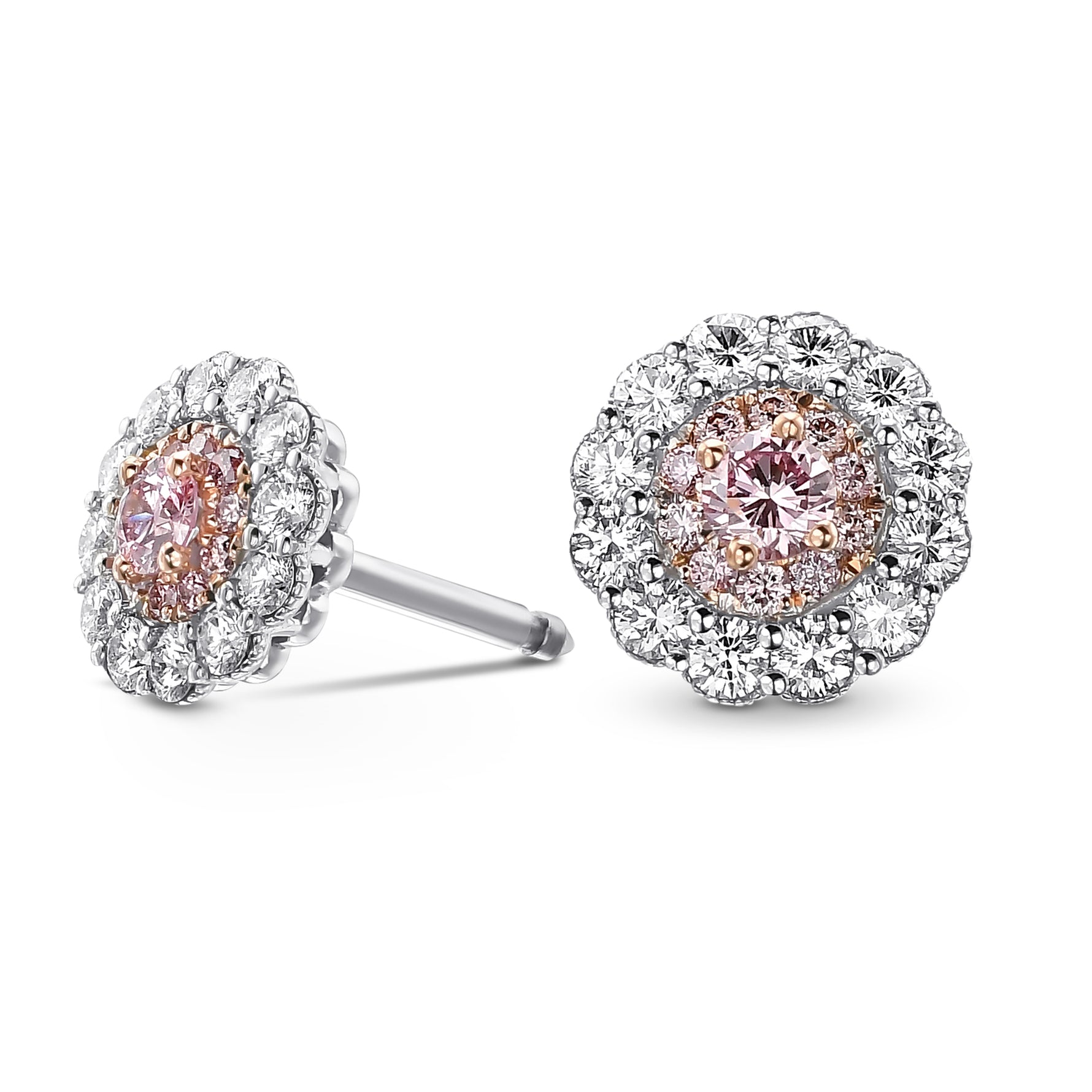 Fancy Intense Pink and White Diamond Flower Stud Earrings 