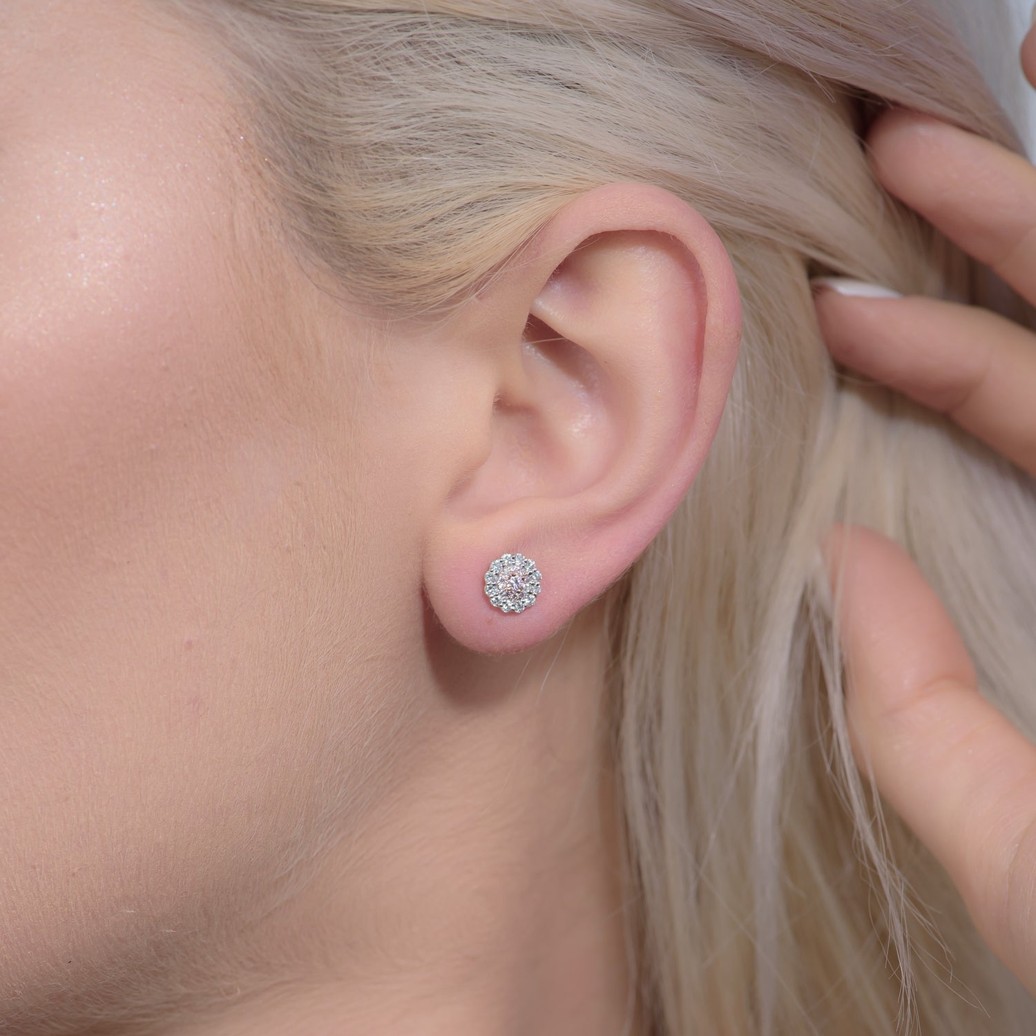  Fancy Light Pink Round Double Halo Diamond Stud Earrings