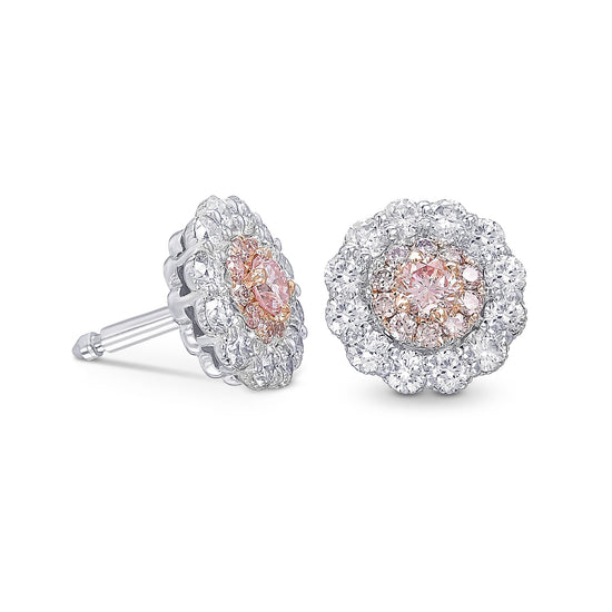 Fancy Light Pink Round Double Halo Diamond Stud Earrings