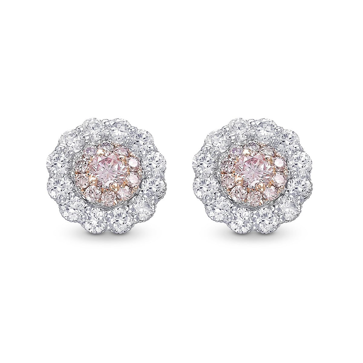  Fancy Light Pink Round Double Halo Diamond Stud Earrings
