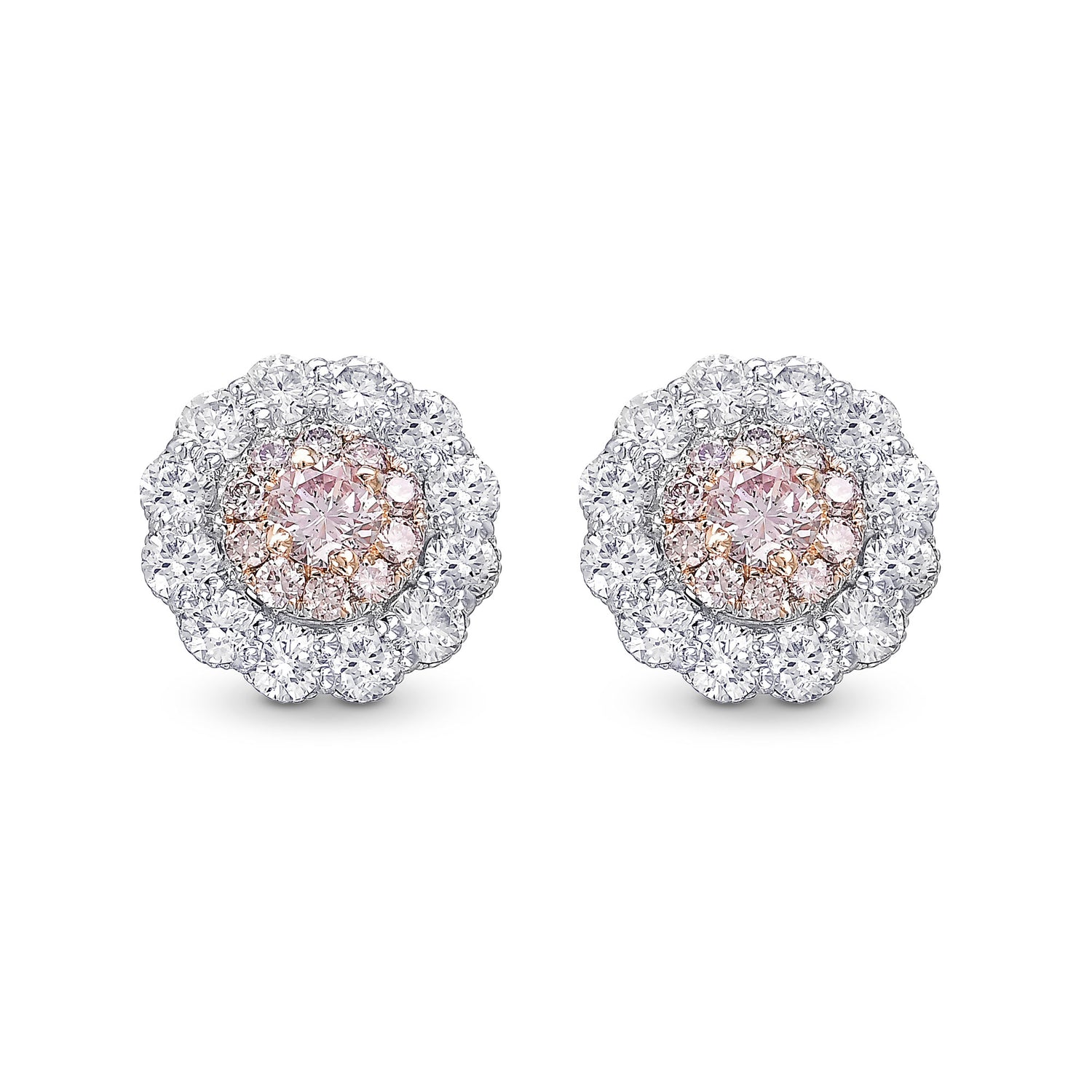  Fancy Light Pink Round Double Halo Diamond Stud Earrings